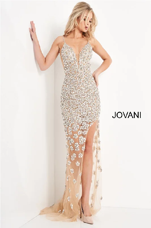 Jovani 02492 Beaded High Slit Long Prom Dress