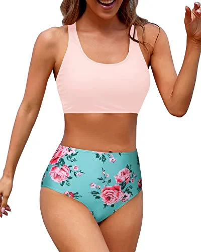 Flattering High Waisted Two Piece Bikini Sports Crop Top Swimsuit-Green And Pink Floral