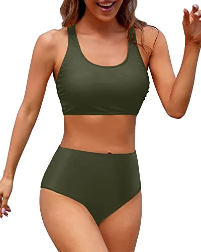 Flattering Women's High Waisted Two Piece Bikini Sports Swimsuit-Army Green