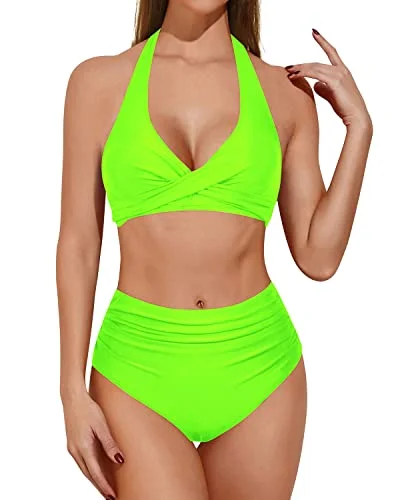 Push Up Two Piece Bikini With High Waisted Bottoms Tummy Control Bathing Suit-Neon Green