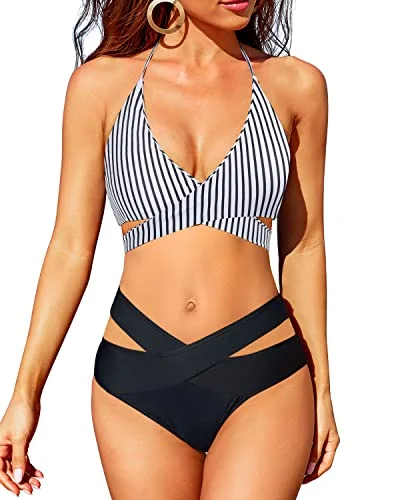 Crossed V Shaped Waist High Waisted 2 Piece Bikini Set-Black And White Stripe