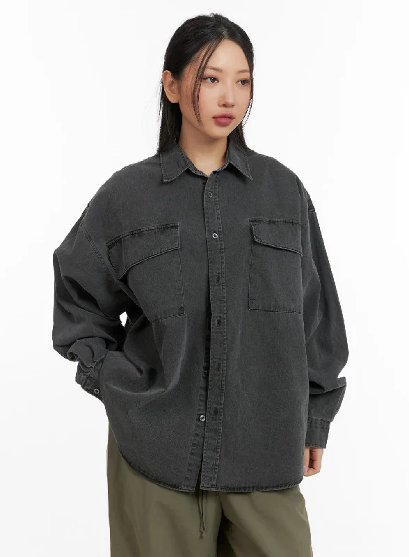 Denim Collar Solid Pocket Blouse CM419