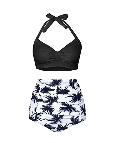 Retro 50S Sweetheart Neckline High Waisted Bikini Set-Black Palm Tree