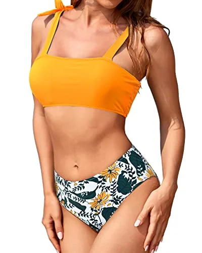 Bandeau Swimsuit Set With High Cut Bottoms For Teen Girls And Juniors-Yellow Floral