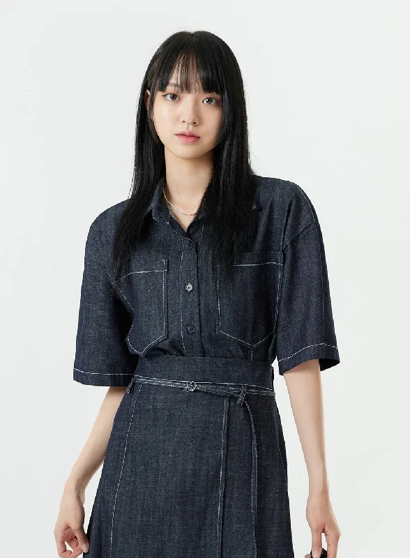 Stitch Denim Set-Up Blouse with Pocket OG23