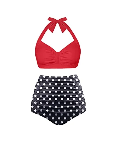 Two Piece Sweetheart Neckline High Waisted Bikini Set-Red Dot