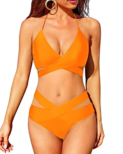 Flattering Removable Padded Bra Bikini With Halter Neck-Orange