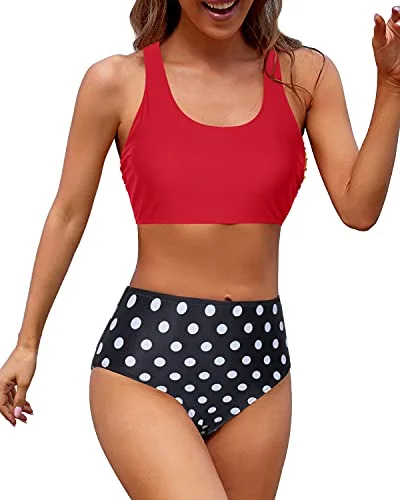 High Cut Legs Women High Waisted Two Piece Bikini-Red Dot