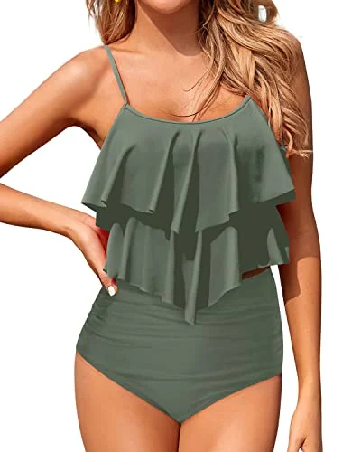 Flowy Two Piece Tummy Control Tankini Swimsuits For Women-Army Green