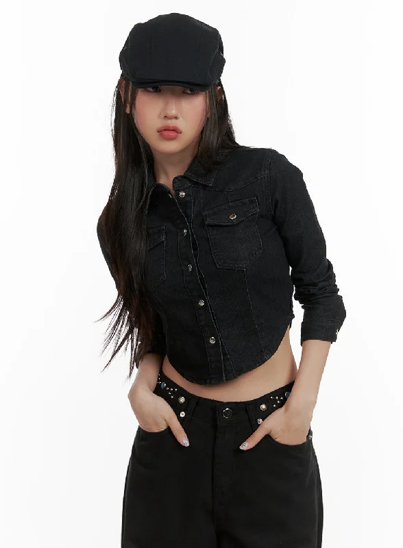 Denim Pocketed Button-Up Crop Shirt CY403