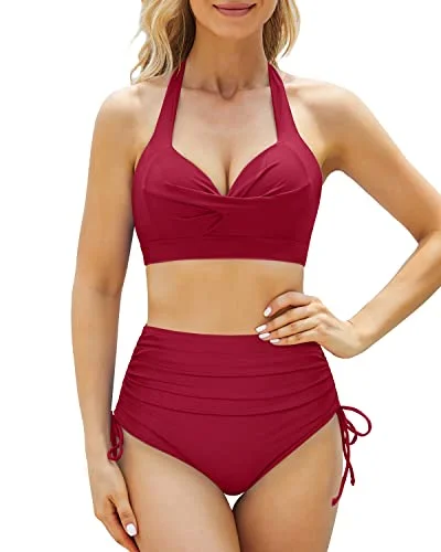 Adjustable Self Tie Halter Tummy Control Bikini Set For Women-Red