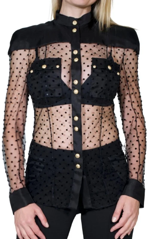 Long Sleeve Black Polka Dot Silk Shirt