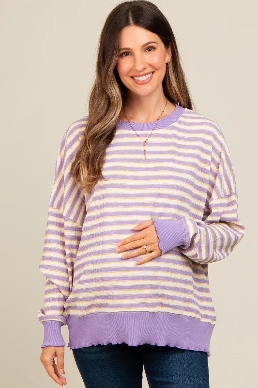 Lavender Striped Ruffle Hem Maternity Long Sleeve Top