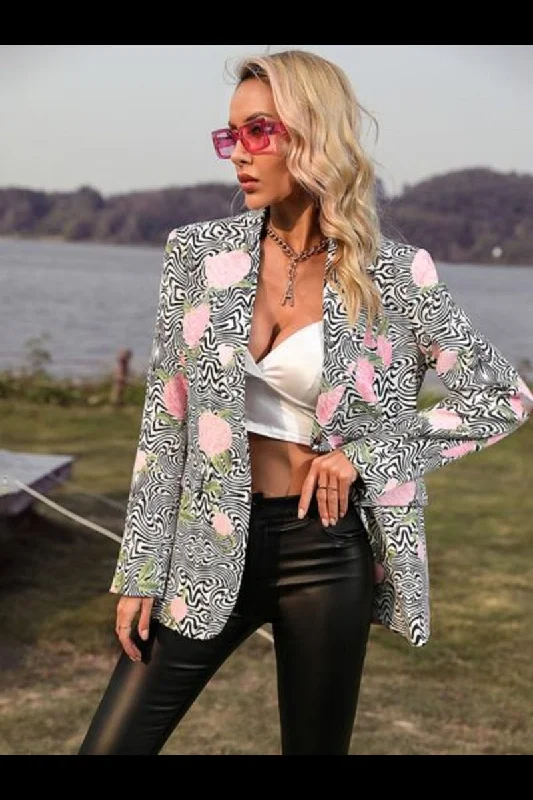 Printed Lapel Collar Long Sleeve Blazer