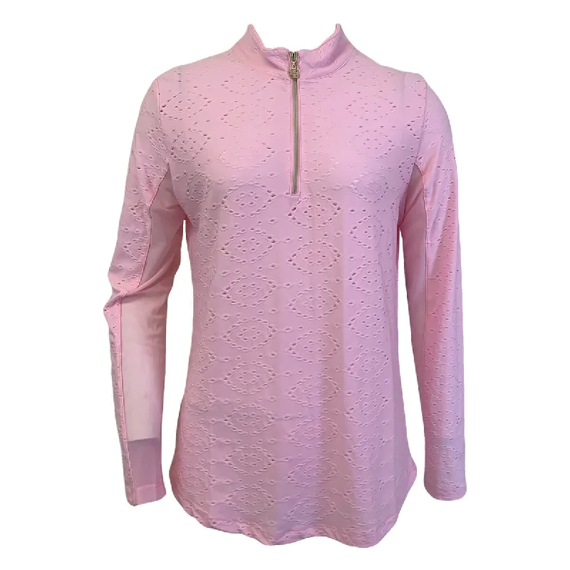 G Lifestyle Long Sleeve Solid Zip Mock Neck Top - Pink Eyelet