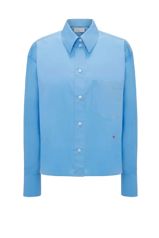 Victoria Beckham Long Sleeve Cropped Cotton Shirt - Oxford Blue