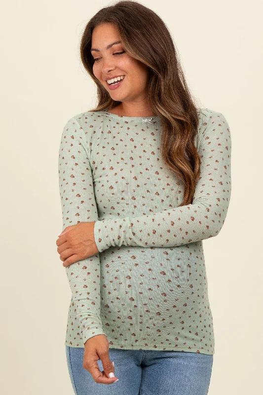 Light Olive Floral Bow Detail Long Sleeve Fitted Maternity Top