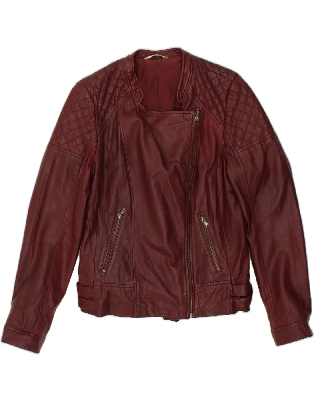 PROMOD Womens Biker Leather Jacket UK 16 Large Burgundy