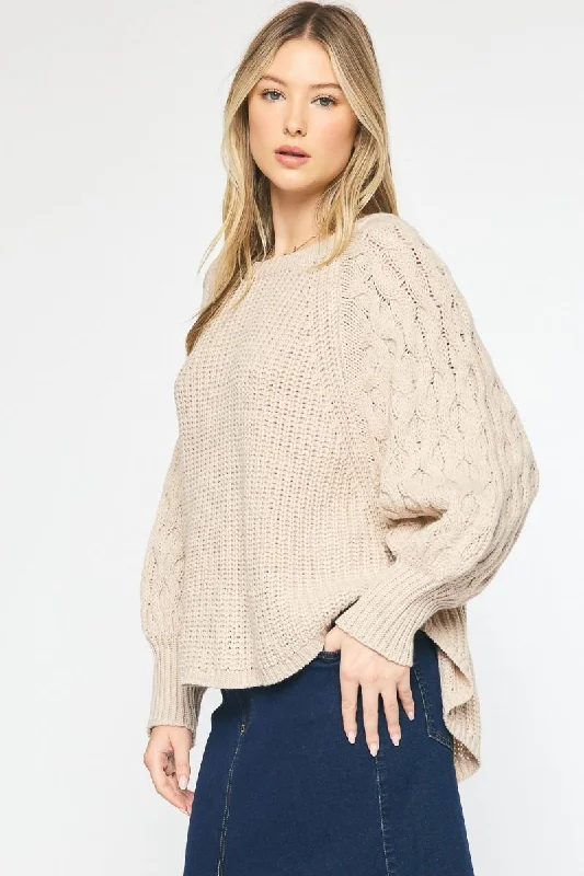 Cable Knit Dolman Sleeve High Low Hem Sweater by Entro Clothing