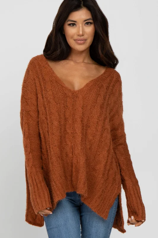 Camel V-Neck Side Slit Cable Knit Sweater