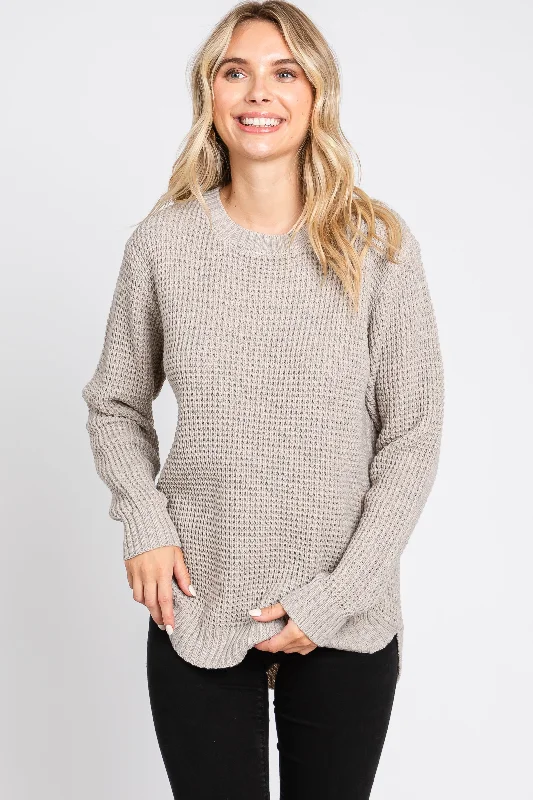 Taupe Waffle Knit Round Hem Sweater