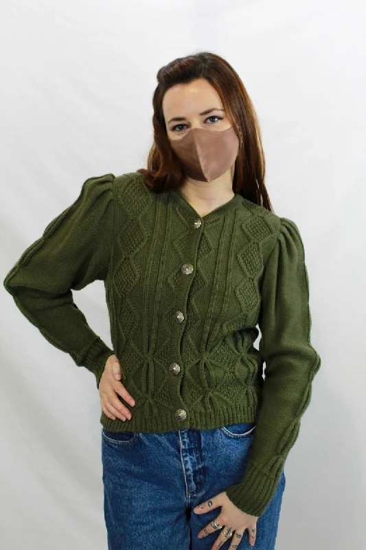 Vintage 1980s Green Wool Austrian Cardigan, Puff Sleeves, Deadstock, Medium