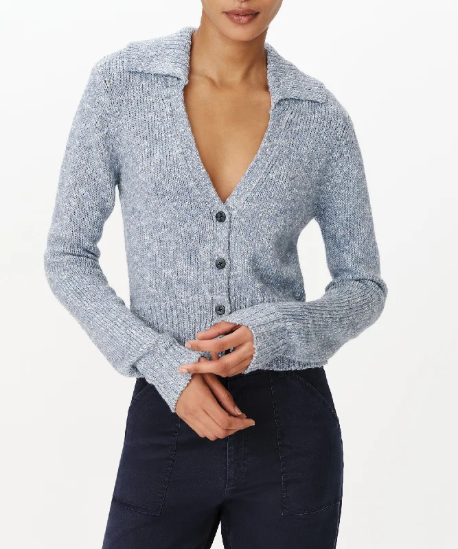 Cotton Blend Collared Cardigan - Pastel Blue Marl