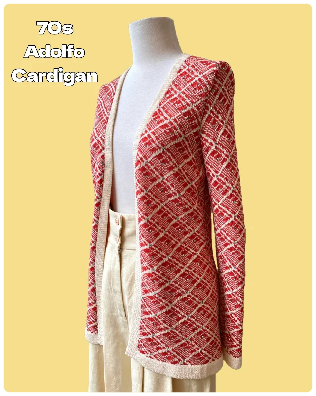 Vintage 1970s Adolfo Red and Cream Rhinestone Cardigan, Small