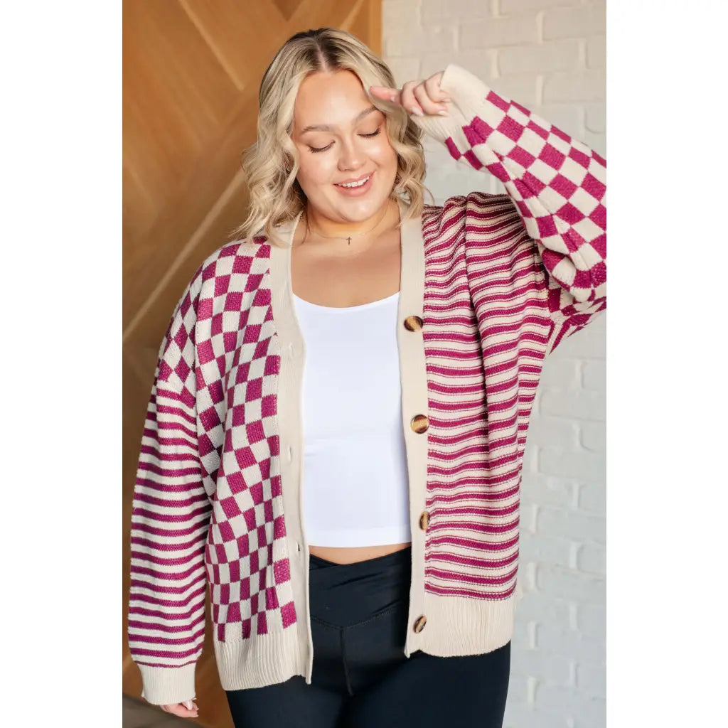 Check the Stripes Knit Cardigan in Magenta