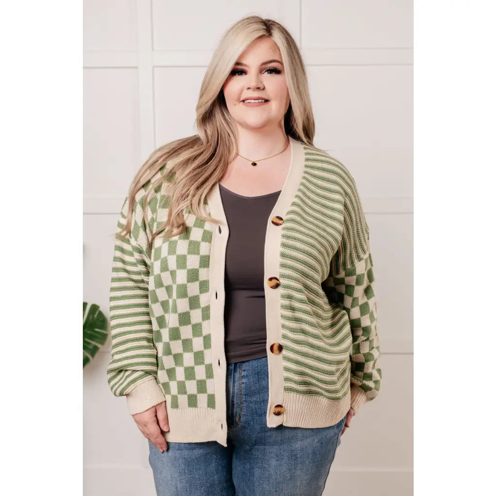 Check the Stripes Knit Cardigan in Olive