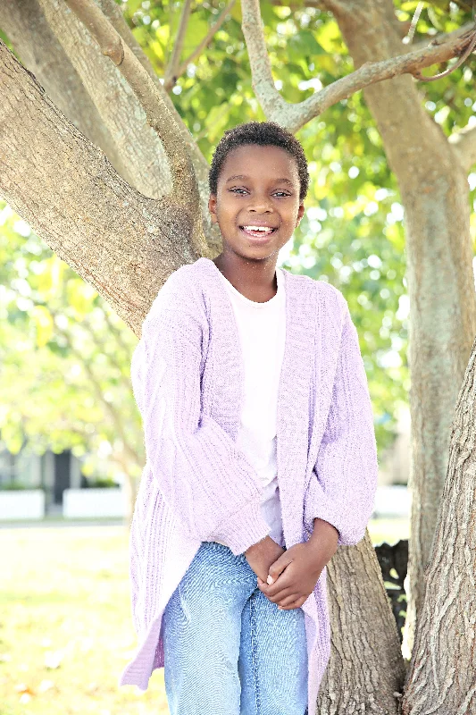 Girls’ Chunky Cable Knit Cardigan in Lilac