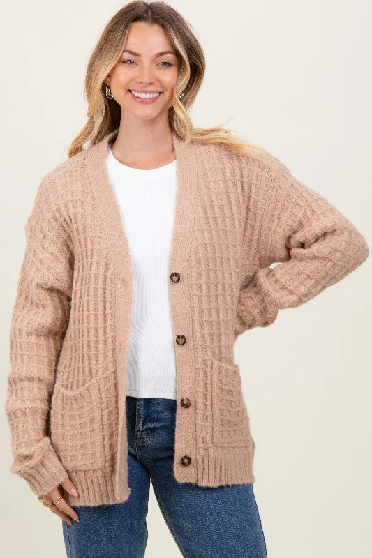 Beige Waffle Knit Button Up Cardigan