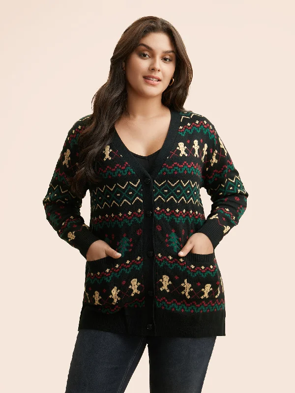 Christmas Trees & Gingerbread Man Print Pocket Cardigan